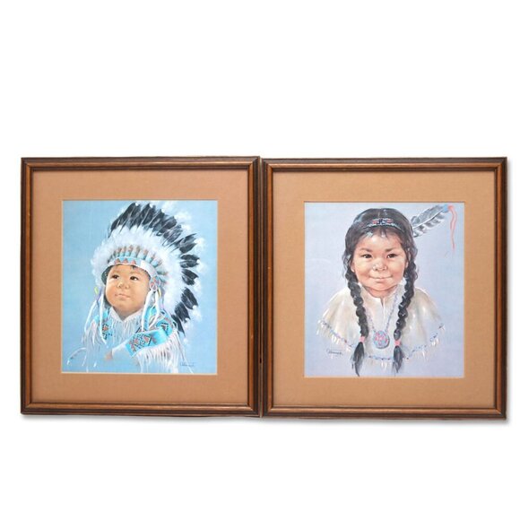 Vintage Dorothy Oxborough Framed Prints 1960s Native First Nations Girl Boy Art - Picture 7 of 7